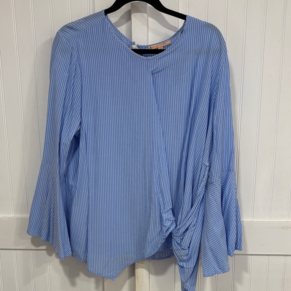 Gibson Latimer rayon, Light Blue, white Striped, faux wrap Blouse size XL